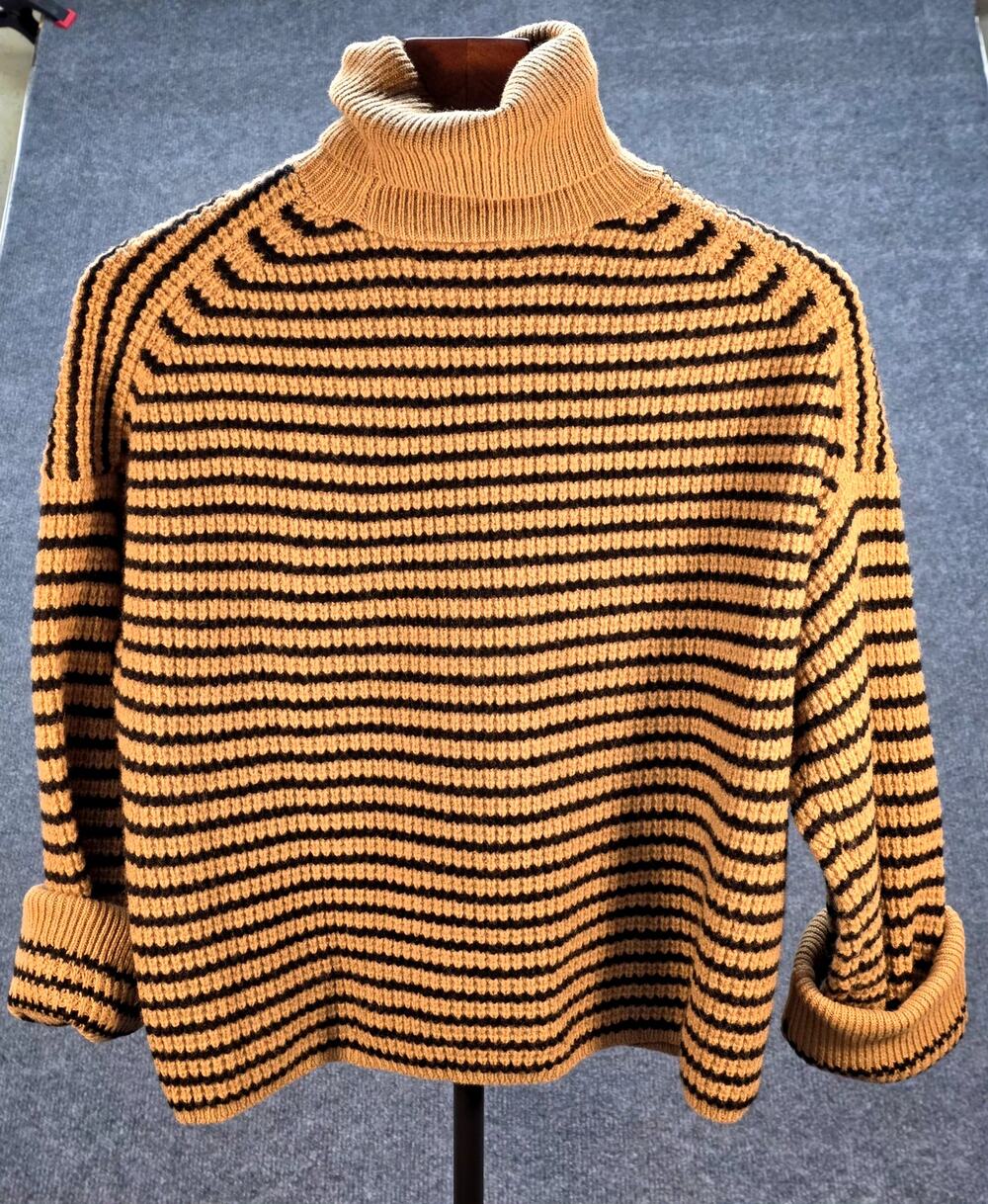 Madewell Wool Waffle Knit Striped Turtleneck Sweater Camel Black Boxy Small Cozy